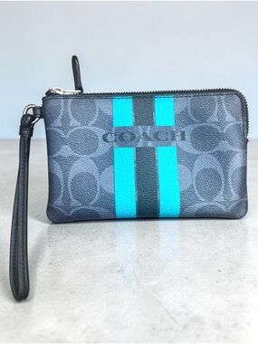 Coach Varsity Signature Denim Black PVC Small Wallet Wristlet.